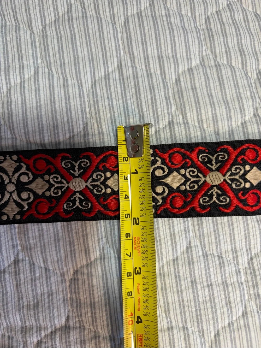 Handmade reversible ribbon belt with black &  red scroll and velvety black